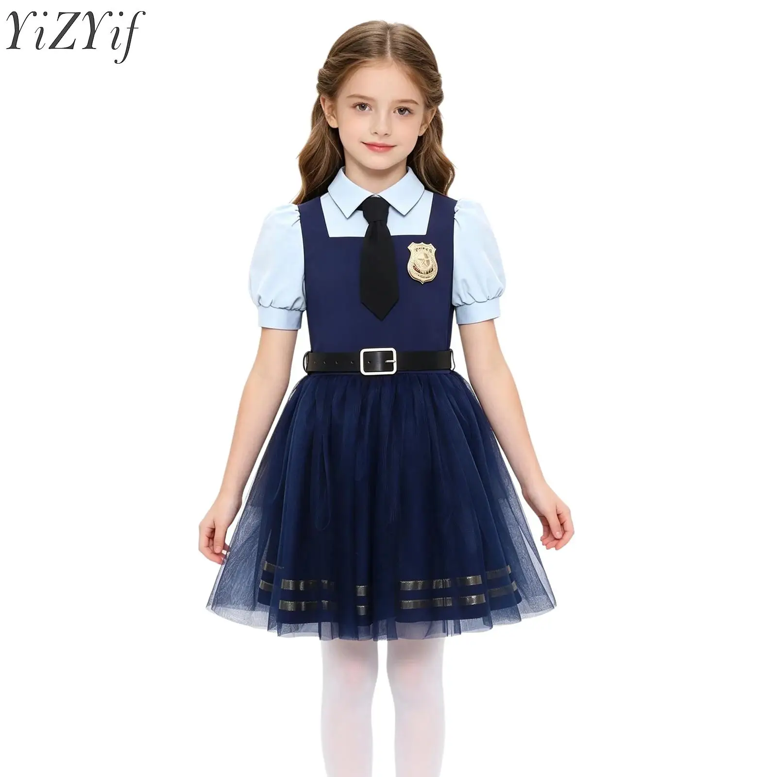 

Kids Girls Halloween Bunny Police Cosplay Costume Short Sleeve Mesh Tutu Dress with Tie and Waistbelt Carnival Fancy Dress Up
