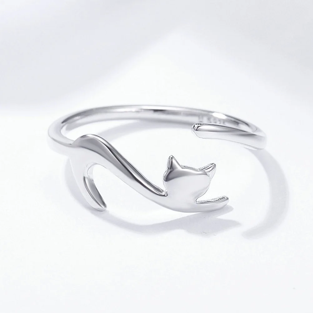 

Adjustable For Women Silver Kitten Shape Open Finger Ring Fashion Jewelry Gift Party Decoration Handmade Metal Ring