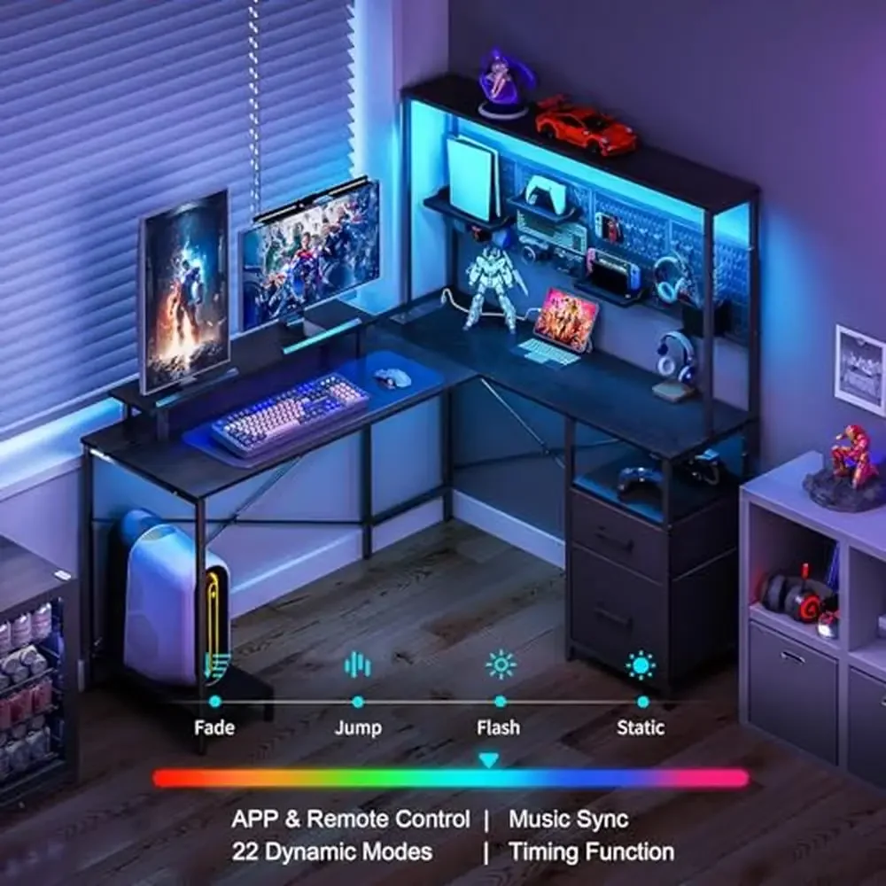 Gamer L Desk Pegboard LED Lights Power Outlets Drawers Shelves Storage Sync Colors Timer AC USB Ports Durable Stable Compact