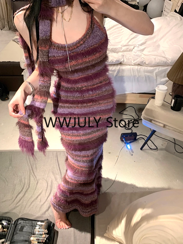 2024 Spring Knitted Stripe Slim Clothing Woman Chic French Vintage Midi Dress Party Korean Fashion Elegant Suit Outwear Design