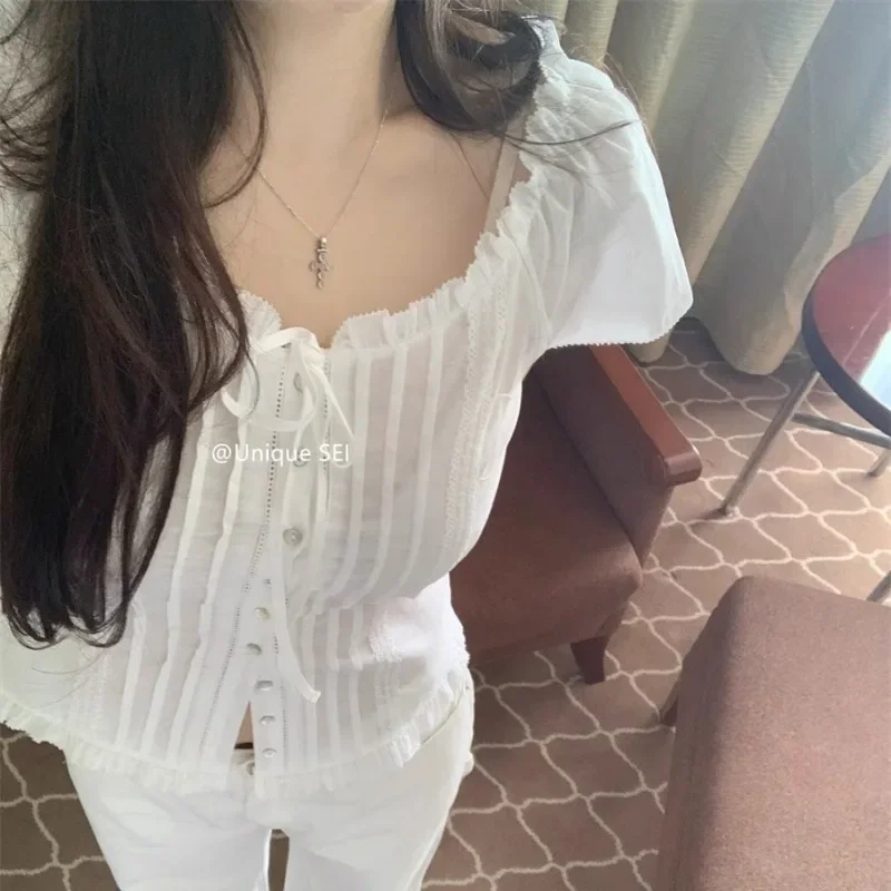 Vintage Ruffles Lace Up Casual White Short-sleeved Shirt Women 2025 New High Street Single-breasted Sexy Crop Tops