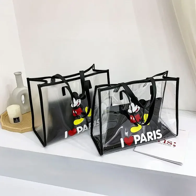 Disney\'s new waterproof diagonal transparent bag portable beach bag Mickey mouse plastic bag girl jelly shoulder bag 2pcs