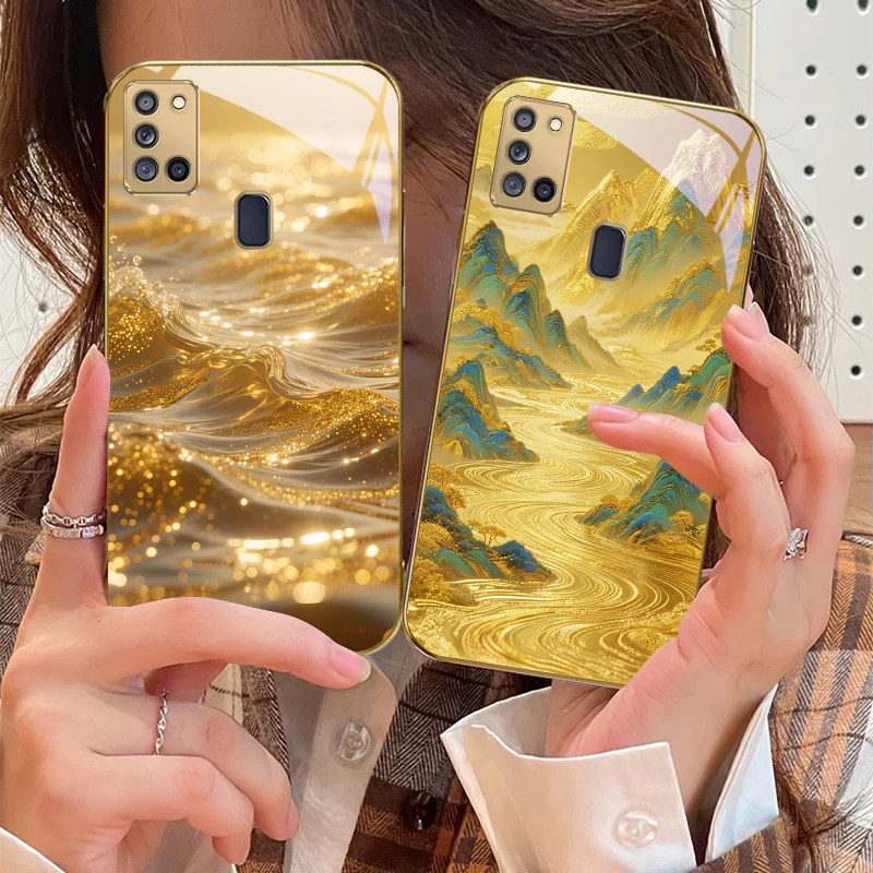 المشهد الذهبي لسامسونج A 31 32 A33 A34 35 14 A15 13 16 25 26 50 52 53 54 55 56 70 71 72 73 حافظة هاتف زجاجية ذهبية