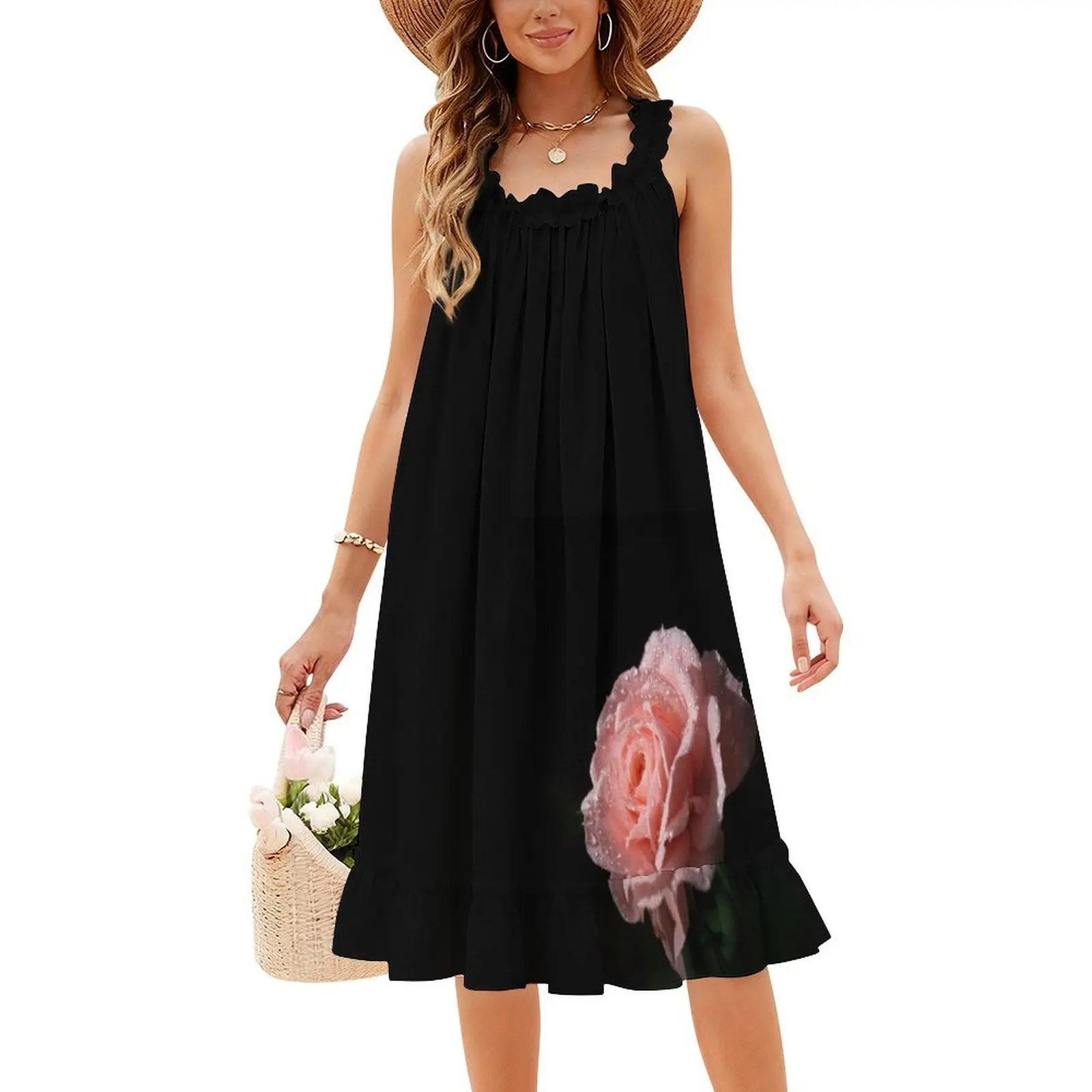 فستان قصير على طراز Floribunda Preppy للنساء على شكل حرف a فضفاض مناسب فستان يوم غير رسمي وردي وردي وردي فستان سهرة لحديقة Floribunda