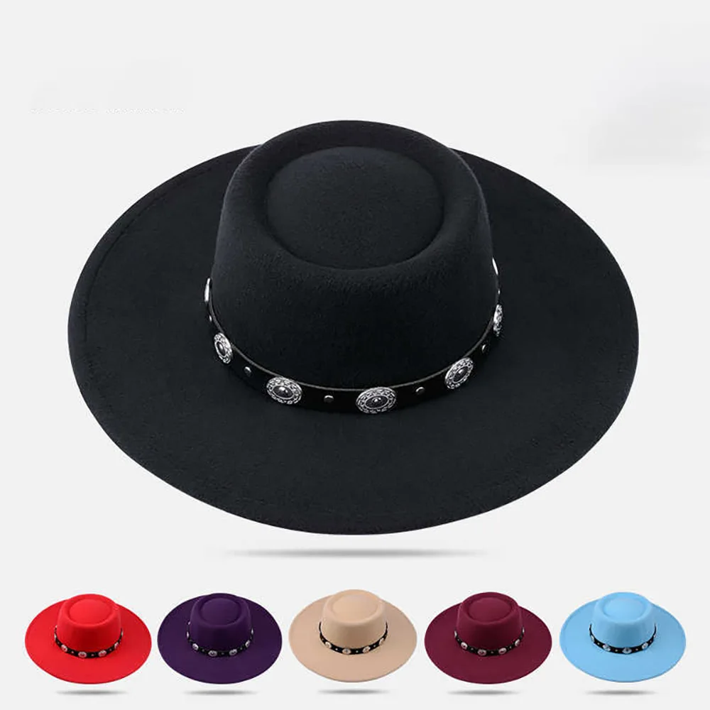 Felt Top Hat Men's Fashionable Copper Sheet Belt Jazz Caps Women's Artistic Retro And Tidal Current Cowboy Hats