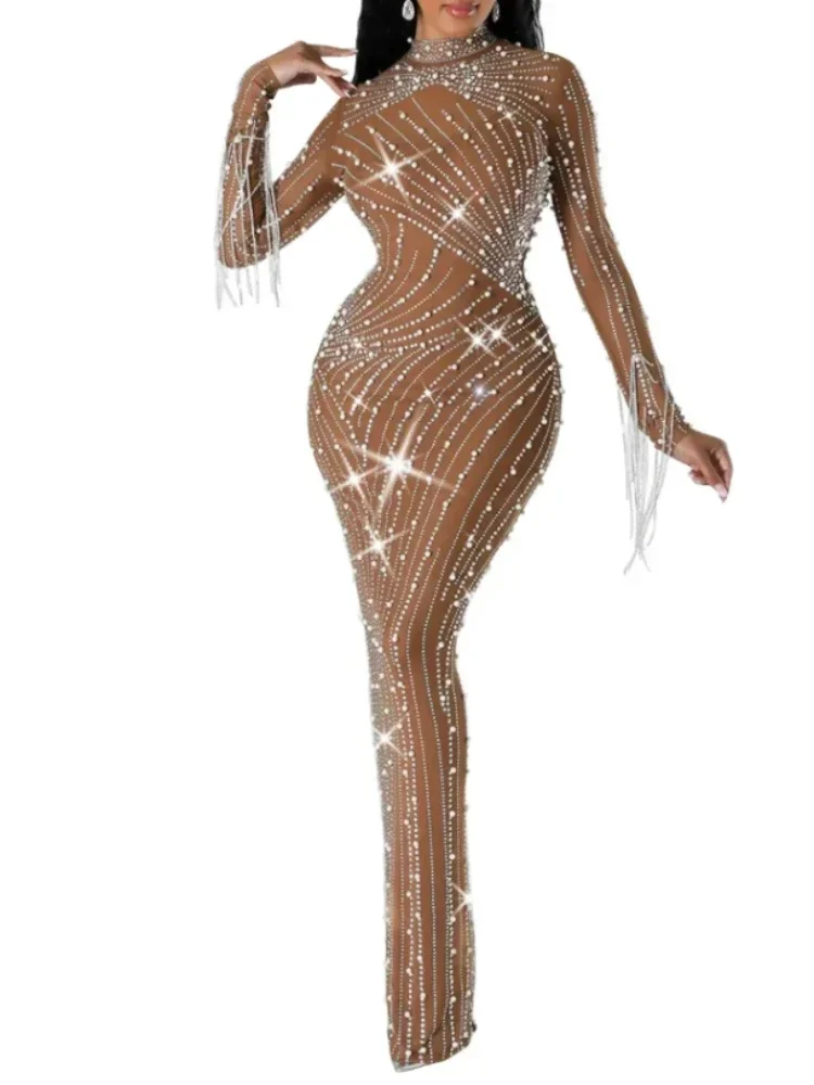 2025 neue Frauen Mesh Quaste Langarm Diamanten Heißer Strass Bodycon Midi Maxi Langes Kleid und Tank Innen Kleider 2 stück Anzug