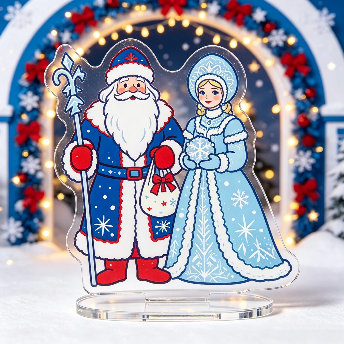 Russian Cold Weather Grandpa Snow Maiden Double-Sided Acrylic Standee Ornament with Base Desktop Atmosphere Decoration
