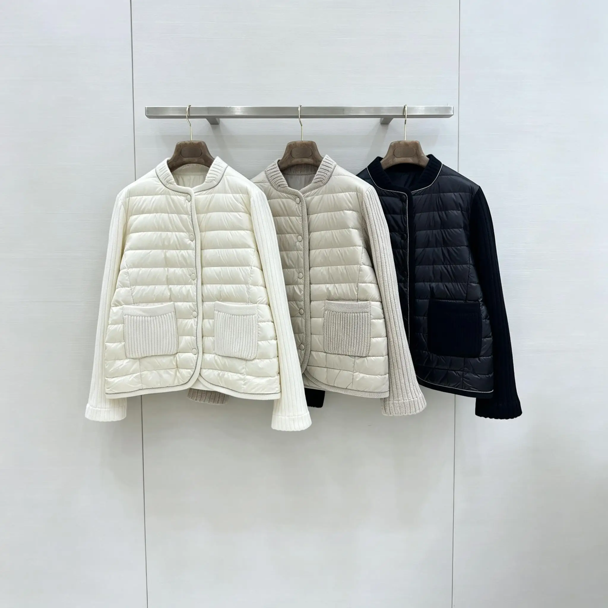 Women Knit Sleeve Spliced Lightweight Quilted Puffer Short Jacket