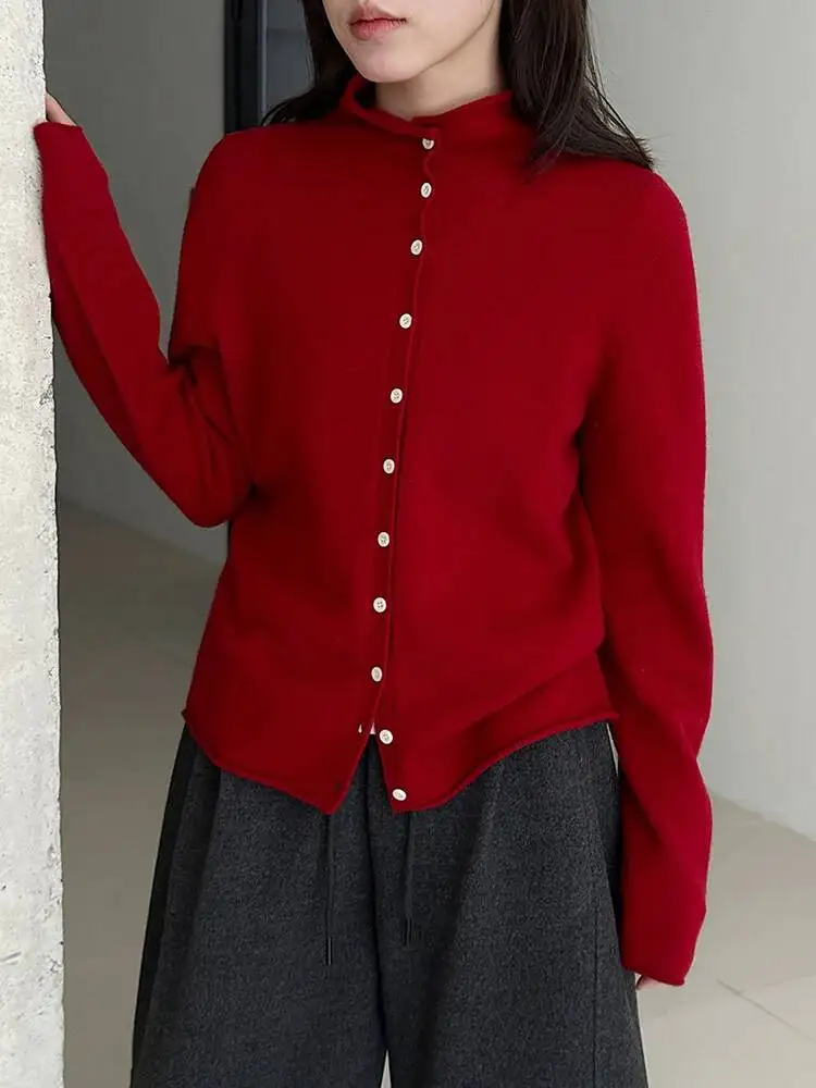 

Винно-красный тонкий элегантный вязаный кардиган, свитер, водолазка с длинным рукавом, женская новая мода, весна-осень