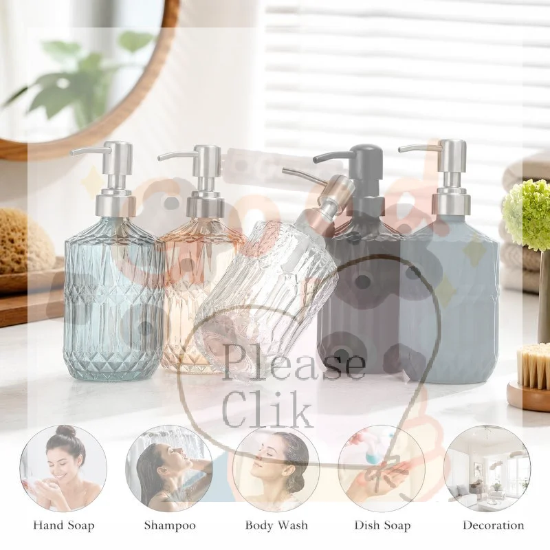 【HG】Glass Hand Soap Dispenser With Diamond Textured And Rustproof Pump For Bathroom Kitchen Countertop