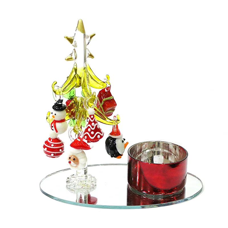 Murano Glass Christmas Tree Ornament Creative Candle Holder Dining Table Home Decor With 8pcs Cute Mini Xmas Pendant Accessories