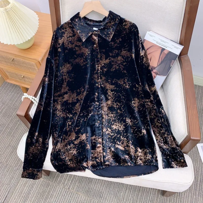 

Velvet Print irt Women's Inner Wear New Chinese Sle Luxury Trendy Breathable Skin-friendly Long Sve Button up