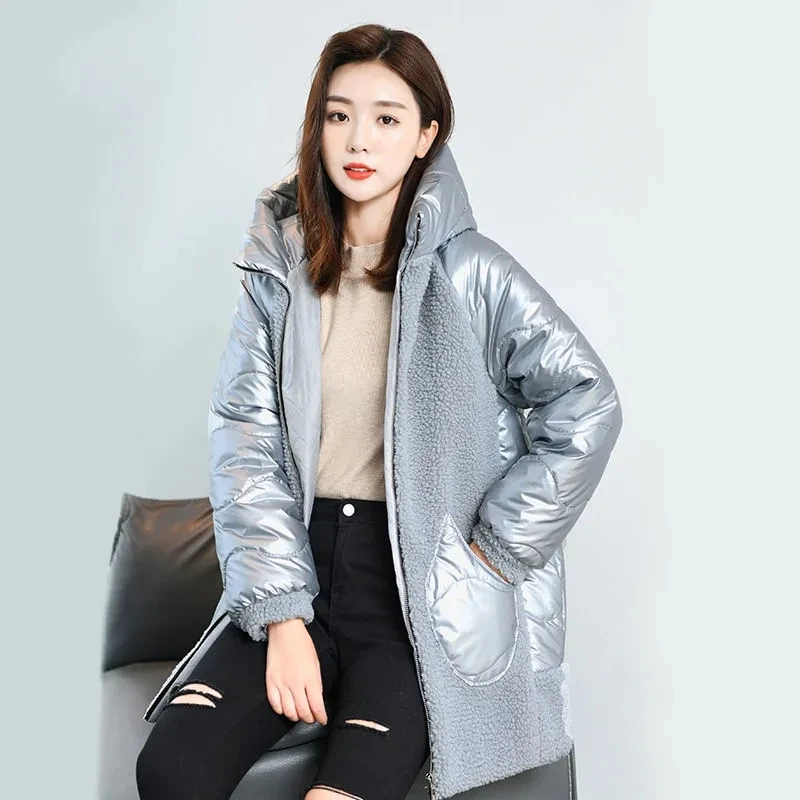 

Autumn Winter New Down Cotton-Padded Jacket Women's Overcoat Loose Grain Velvet Stitching Imitation Fur Lamb Wool Sheared Coat