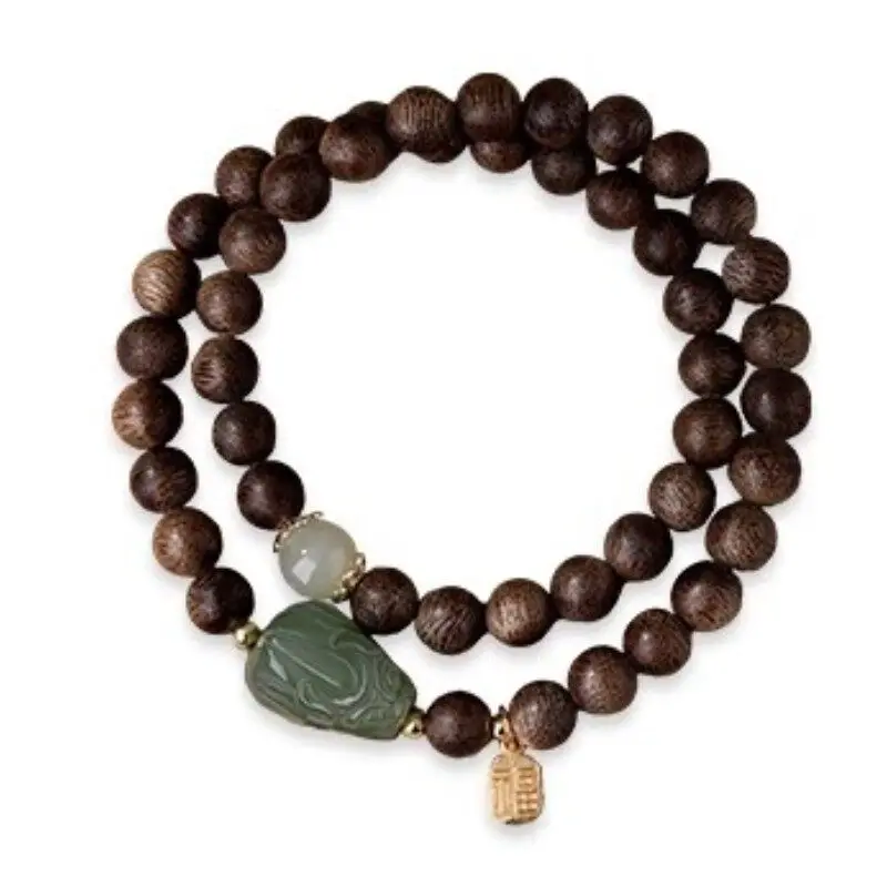 Natural Hetian Jade Pixiu Single Loop Agarwood Buddhist Beads Bracelet for Men Women Couples Pray for Luck Gifts