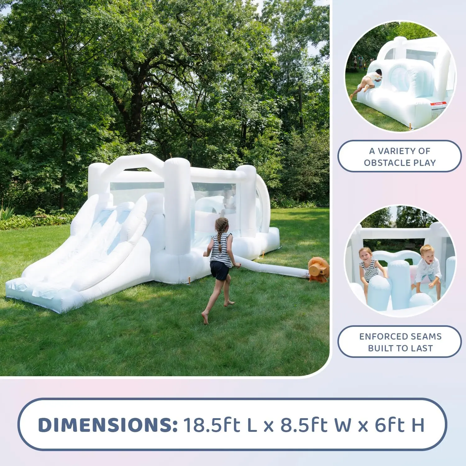 Glissières combinées Obsstacle Dream Bouncer, 18,5 pi x 8,5 pi x 6 pi de hauteur, souffleur d'air inclus avec GFCI, double diapositives, cours d'obstacles, Tren