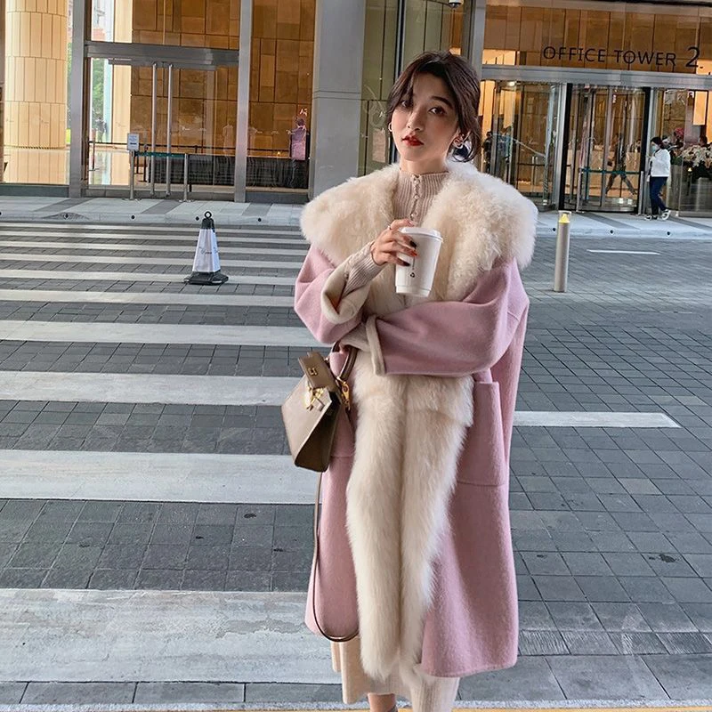 

Fall Winter New Big Hair Collar Cape Double Woolen Coat Women Thick Warm Overcoat Female Fashion Belt Slim Elegant Woolen Jacket