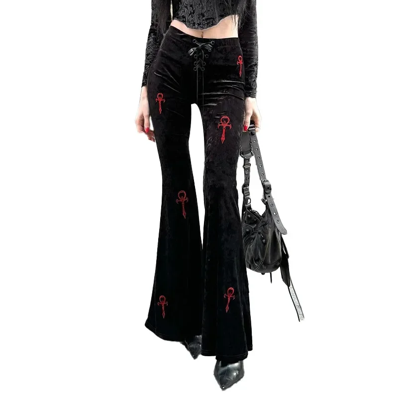 Harajuku Fashion Cross Embroidery Soft Long Pant Velvet High Waist Flare Pants Women Autumn Mall Gothic Slim Trousers