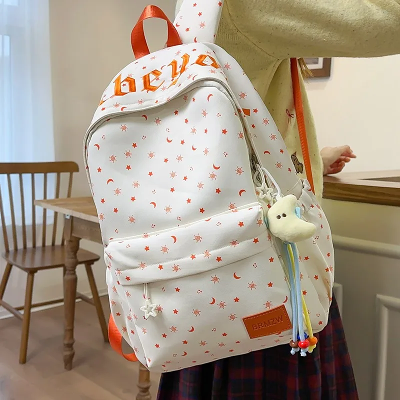 Korean Style Star Print Large Capacity Backpack for Junior High School Students Unique Design Not Repeating Simple Double Sho...