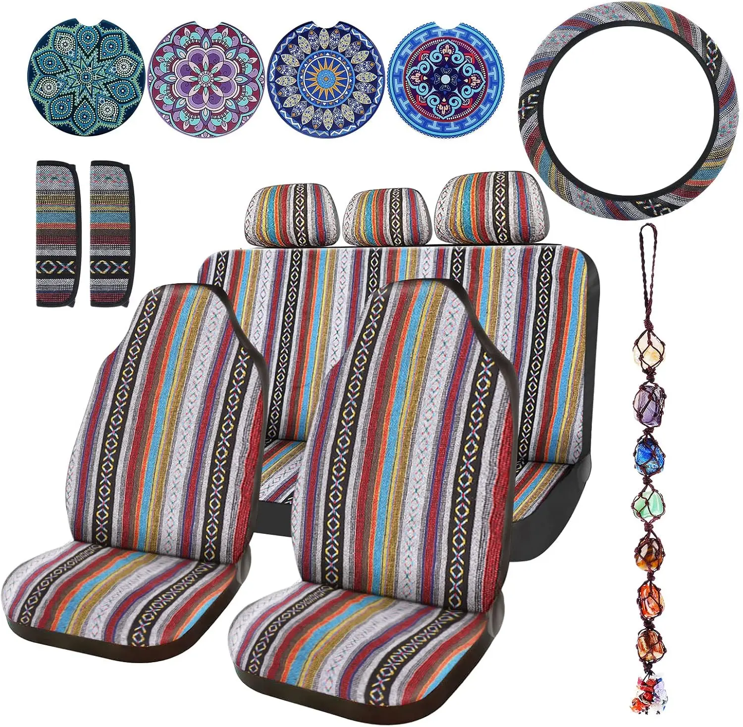 

14-Piece Multicolor Stripe Boho Car Seat Covers Set with Steering Wheel Cover and Crystal Ornament