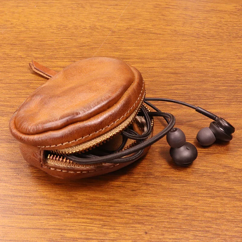 Porte-monnaie en cuir de vache véritable rétro fabriqué à la main rond vieilli sac de monnaie de changement personnalisé pour les femmes marron petit étui pour écouteurs