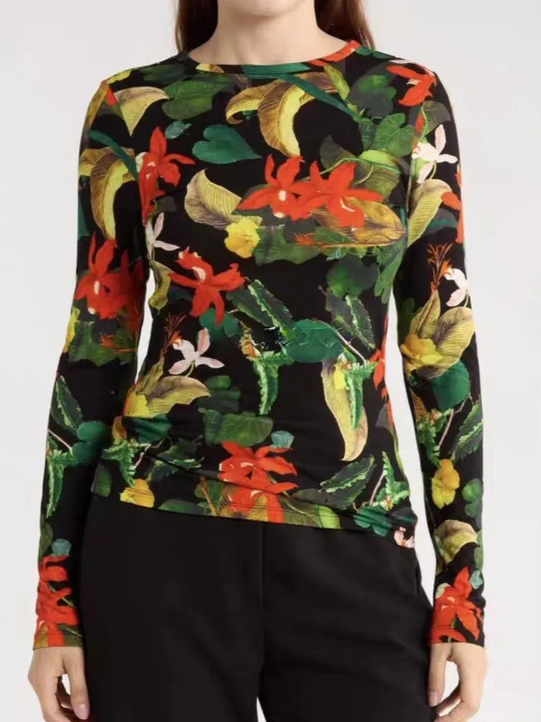 

Women's Florla Print T-Shirt Autumn O-Neck Long Sleeve Fashion Female Pullover