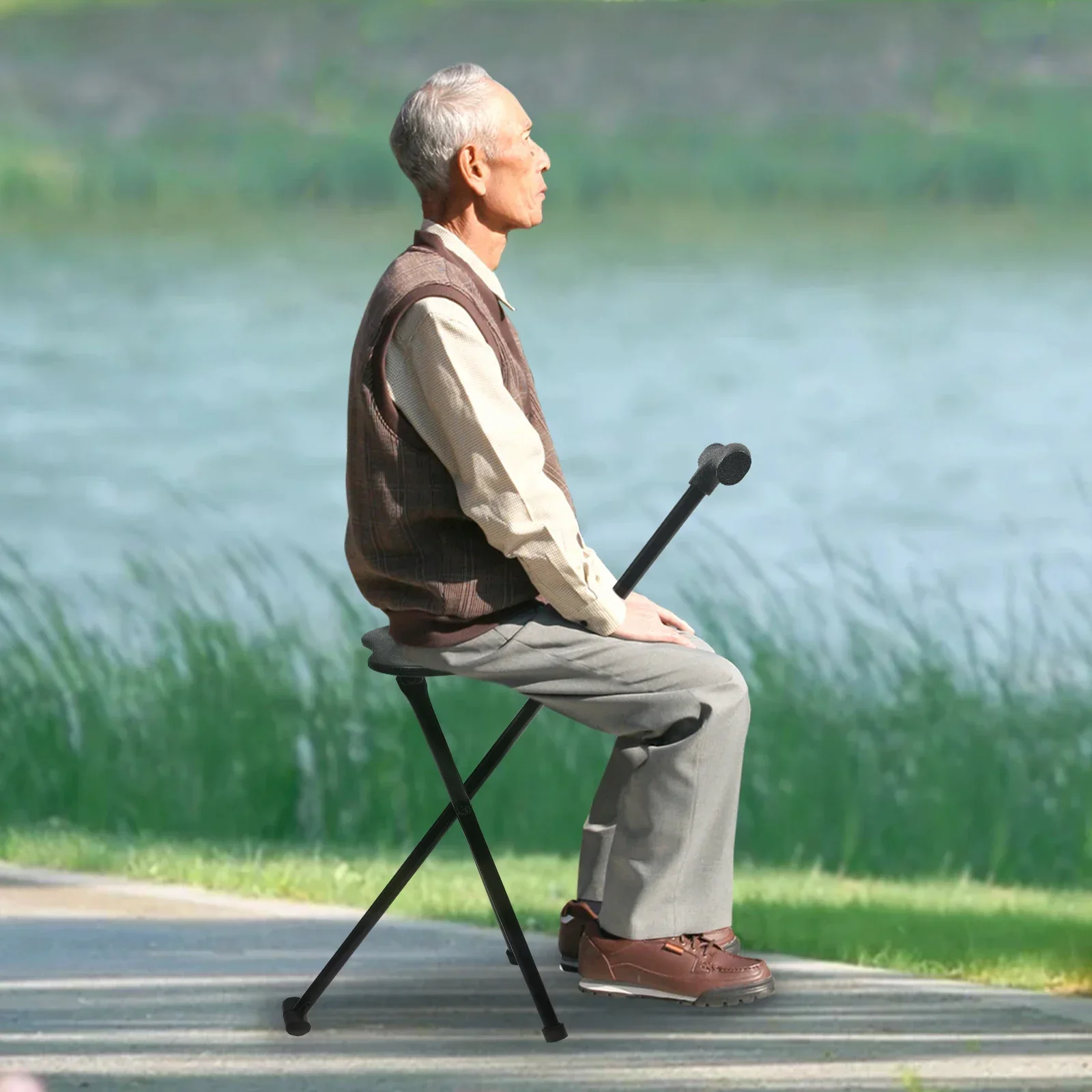 New High Quality Aluminum Alloy Foldable Walking Cane Stick with Seat Adjustable Elderly Crutch Chair with Stool