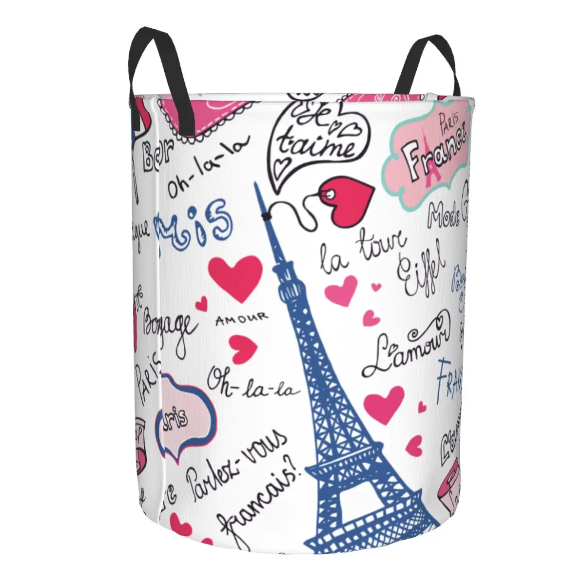 Folding Laundry Basket Paris Eiffel Love Words Round Storage Bin Collapsible Hamper Clothes Bucket Organizer