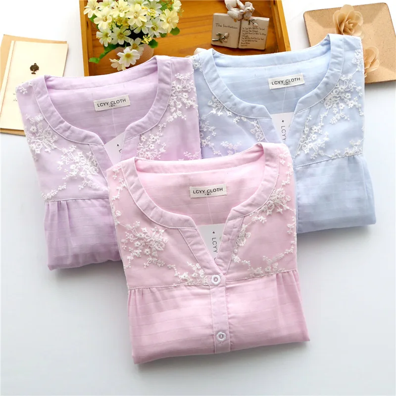 Women's Sleepwear Set | Soft Cotton Gauze with Lace Detail | Long Sleeve Top & Pants Thin Breathable Relaxed Fit Home Wear for S