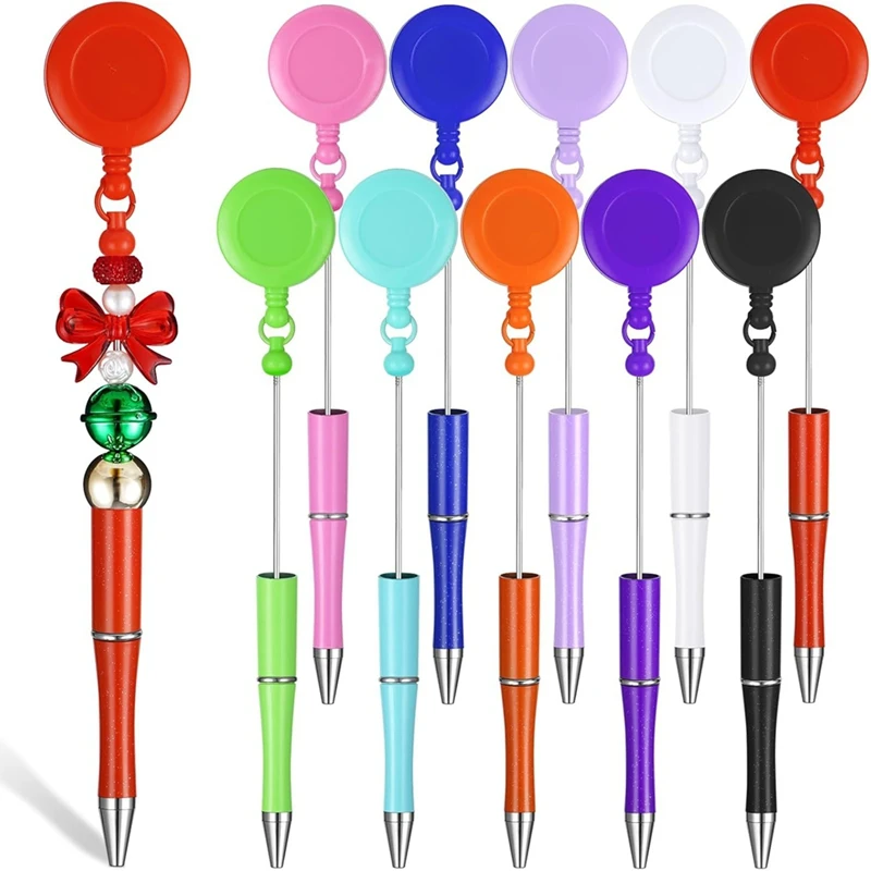 10Pcs Bead Pens, Retractable Badge Scroll Clip Pull-On Ballpoint Pen DIY Pen For Nurses Teachers Students Staff