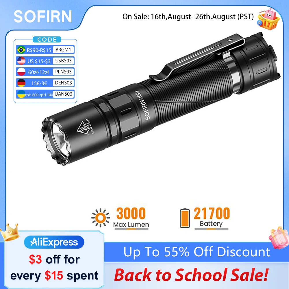 Lanterna Tática SOFIRN SK30 2800LM com LED SFT70 6500K, Recarregável USB-C, Bateria 21700, Interruptor Duplo (Armazém Local)