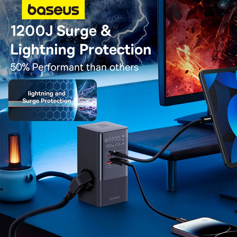 Baseus 35W Fast Charging Digital Power Strip 7-in-1 Charging Station 4000W Rated Power Digital Display For iPhone 14 13 Pro Max