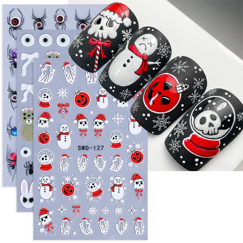 

2/3pcs Halloween Nail Stickers Snowman Spider Devil's Eye Bow Self-Adhesive Design DIY Gel Polish Nail Decal Manicure Decoration
