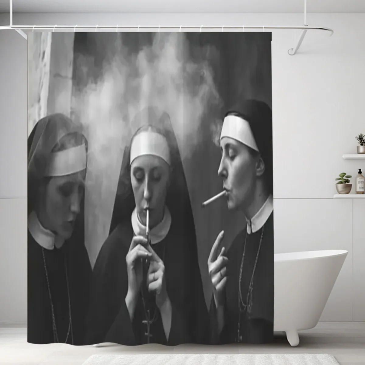 Gothic Nuns Art Shower Curtain Vintage Bathroom Decor Tapestry Liner Canvas Print Aesthetic Religious Theme for Modern Bathroom