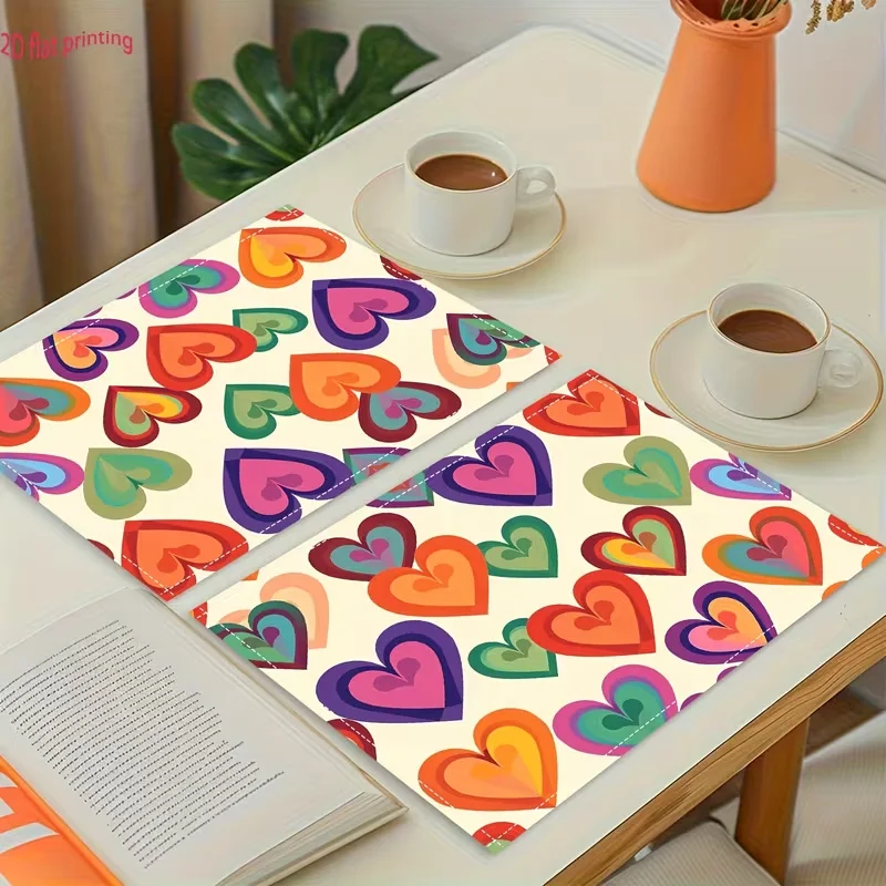 Vibrant Rainbow Multicolor Hearts Placemats Non-Slip Retro Sweet Heart Table Mats Playful Pastel Tones Table Decor