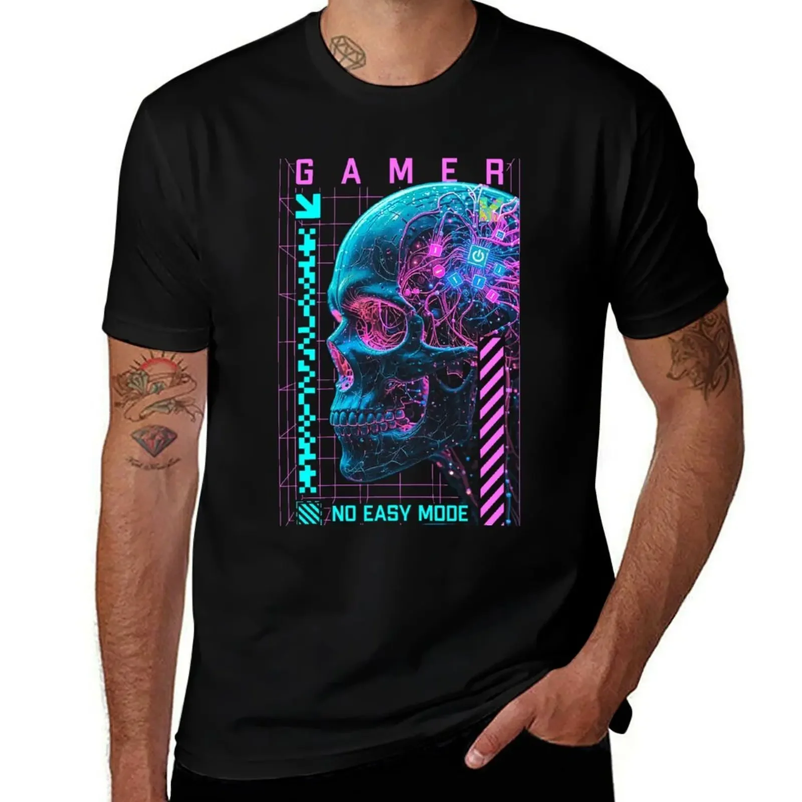 

Gamer Robot Cyber Skull No Easy Mode Futuristic Gaming T-Shirt topping gifts for boyfriend fitted t shirts for men