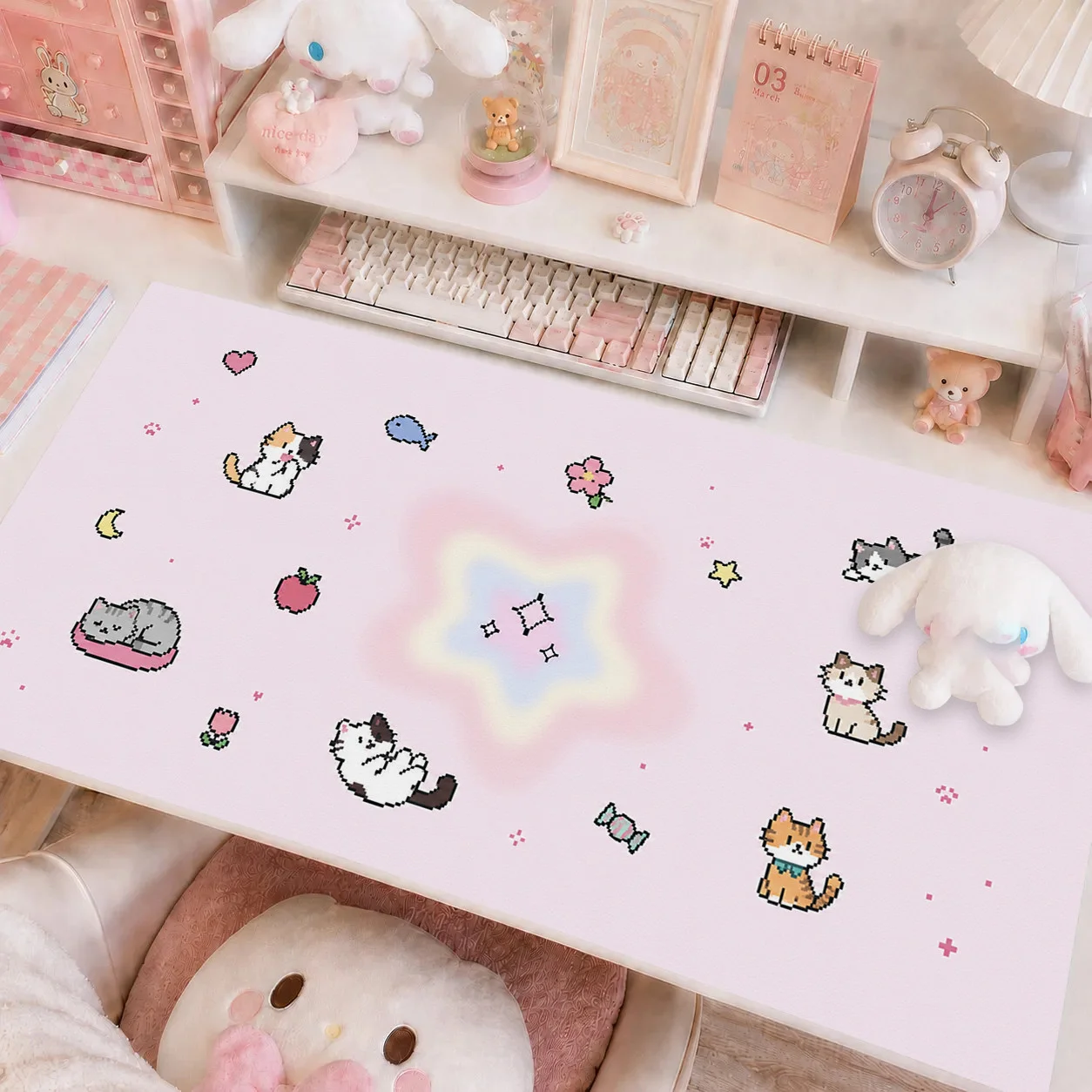 Kawaii Cartoon Pixel Kitten Mousepad Large XXL PU Leather Table Desktop Mat Office Gamer Computer Speed Type Carpet Keyboard Pad