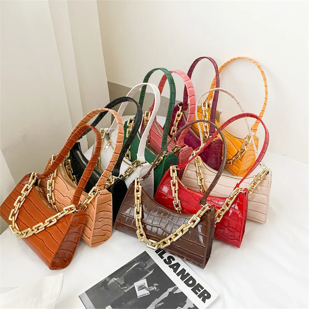 2022 New Retro Crocodile Pattern Zipper Totes Shoulder Bags Pu Leather Solid Color Chain Handbag Underarm Bag Fast Wholesale