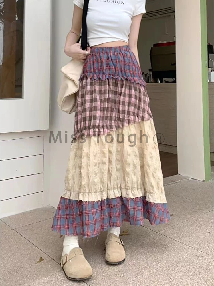 Summer Y2k Elegant 2 Piece Set Women New Halter Tops + Pleated Long Skirts Female Casual Chic Ruffle Pachtwork Streetwear Suits