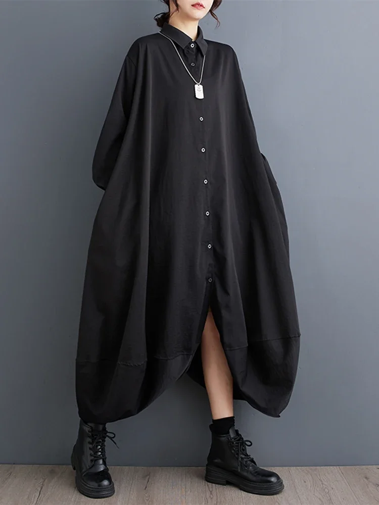 

XITAO Casual Loose Fashion Solid Color Dress New Female Turn Down Collar Irregular Women A-line Ankle Length Dress ZYY1063