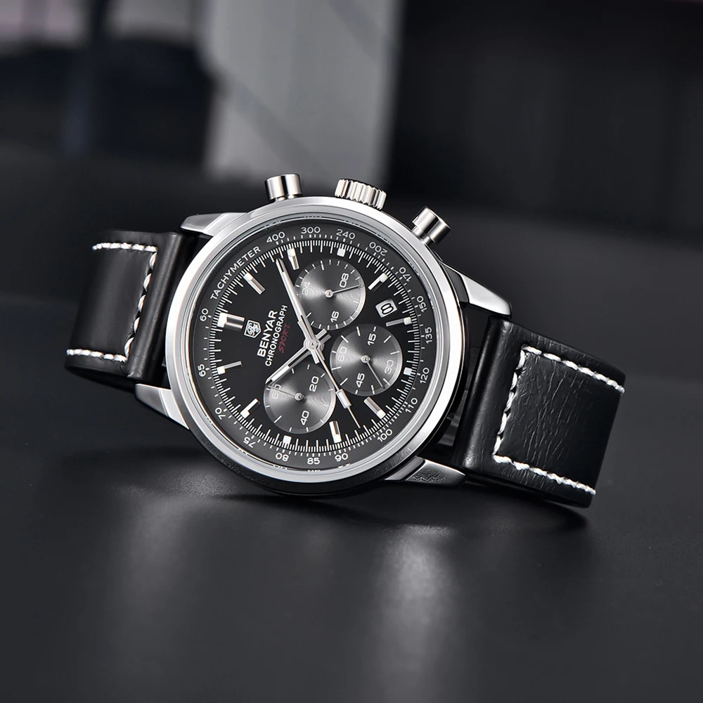 BENYAR Mens Watches Top Brand Luxury Sports Chronograph Quartz Watch Men Military Waterproof Genuine Leather Reloj Hombre 2023