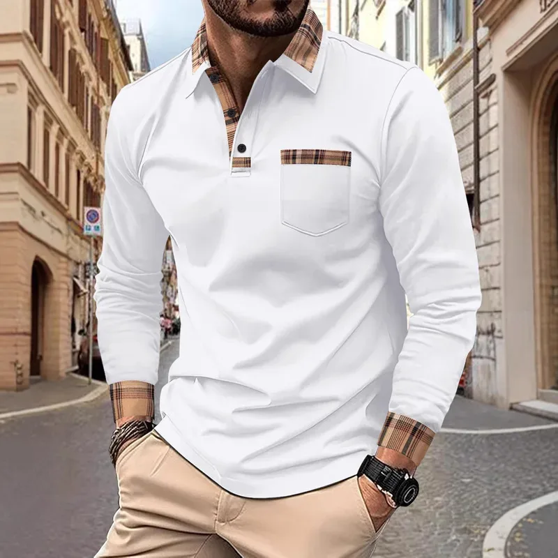 New men's casual spring and autumn fashion checked lapel long-sleeved comfortable pocket outdoor party polo shirt