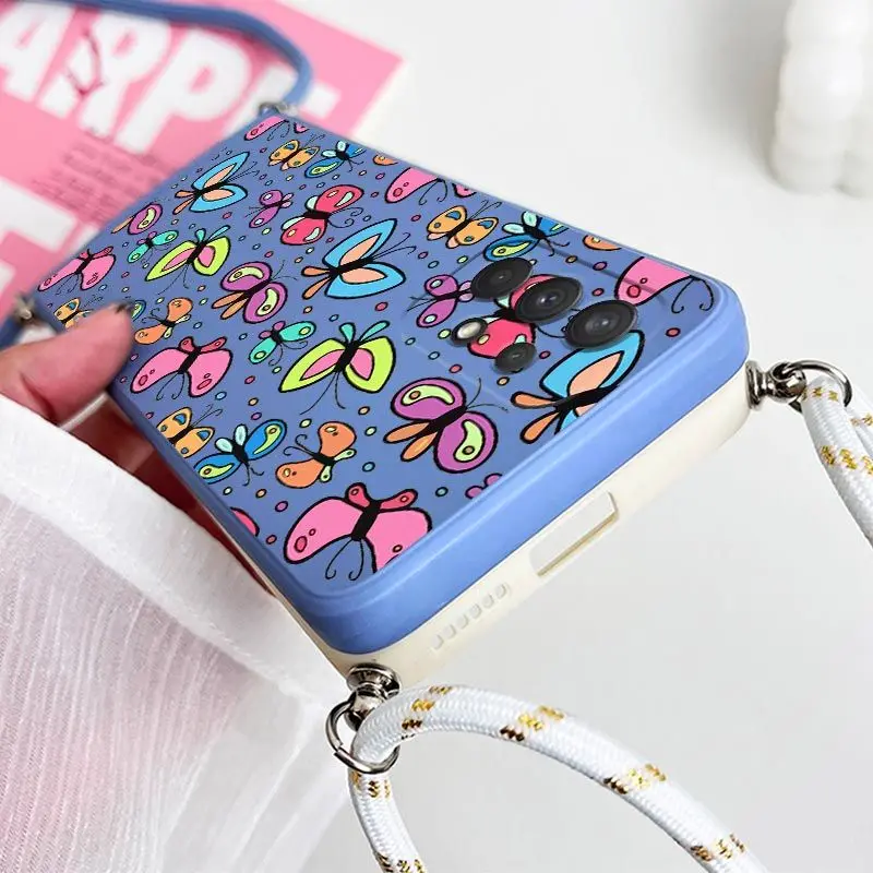 เคสซิลิโคนลายผีเสื้อมีสายคล้องไหล่สำหรับซัมซุงกาแล็คซี่ A54 A34 A73 A24 A53 A52 A52S A04S ฝา A72 A04E