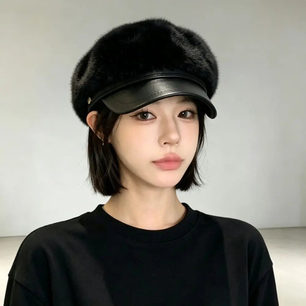 Soft Touch Faux Mink Fur Newsboy Cap PU Brim Octagonal Shape Beret Cap Adjustable Winter Hat Party Look