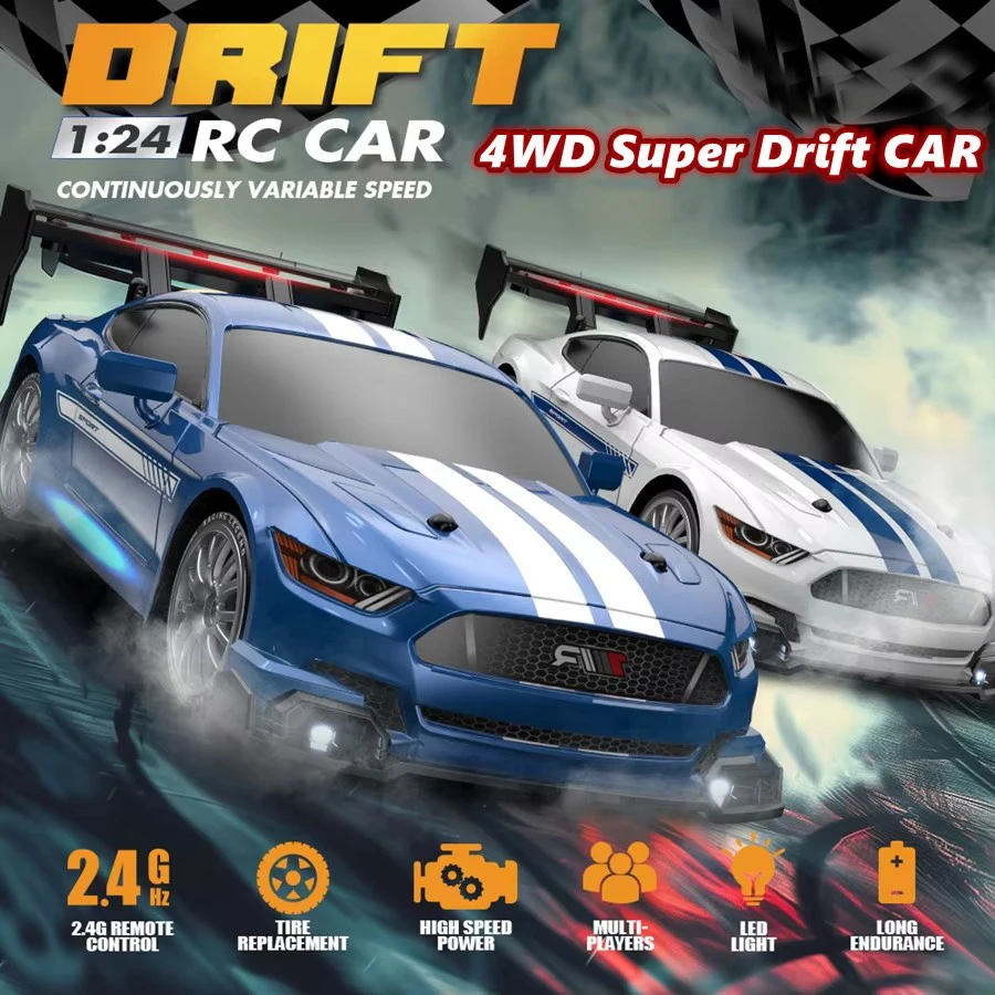 1:24 Scale High - Speed 4WD RC Mustang Drift Racing Car - Replaceable Tires, Ideal Toy for Racing Enthusiasts