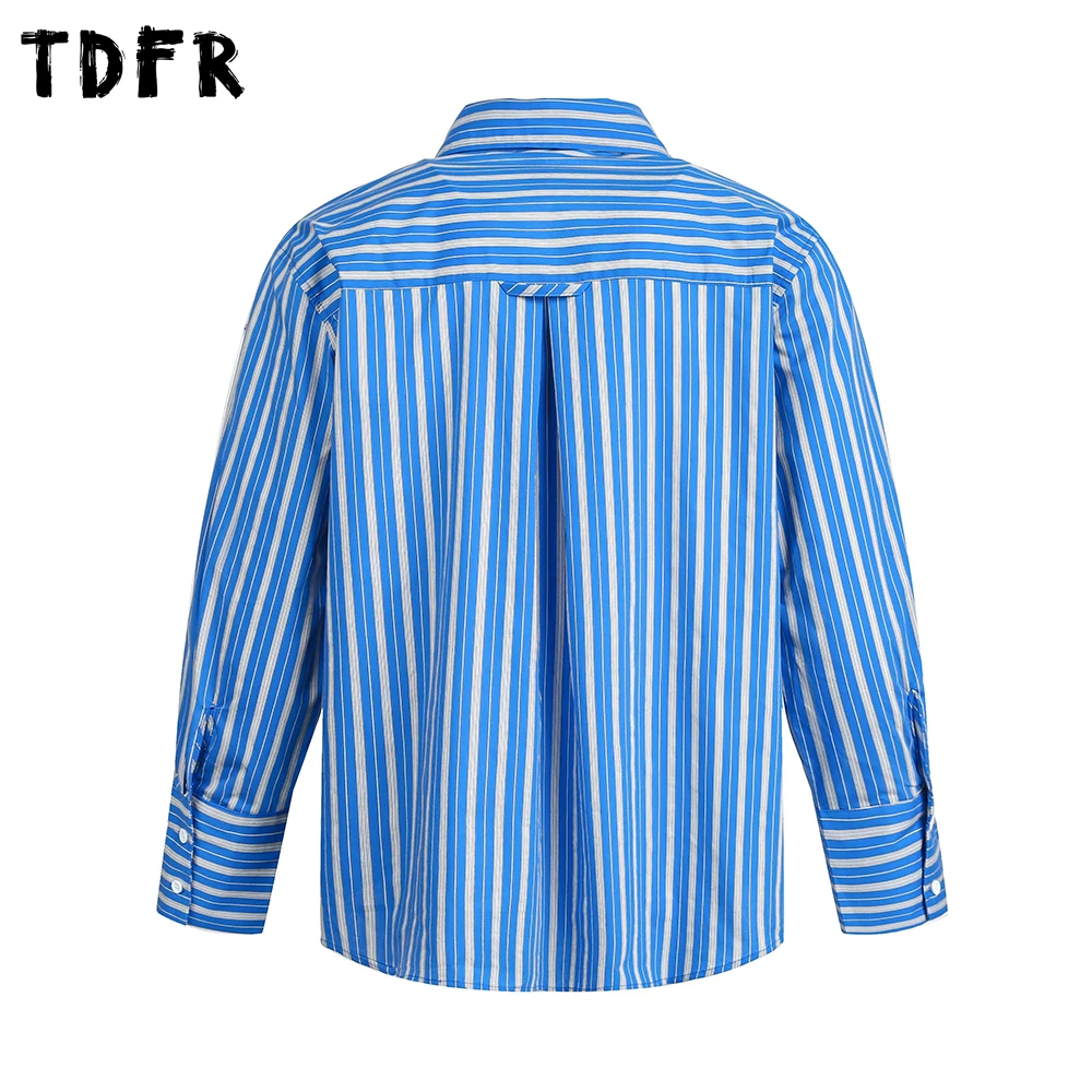 Vertical Stripes Basic Shirts Mens Pocket Spring Retro Casual Loose Lapel Zipper Fly Long Sleeve Shirts Man