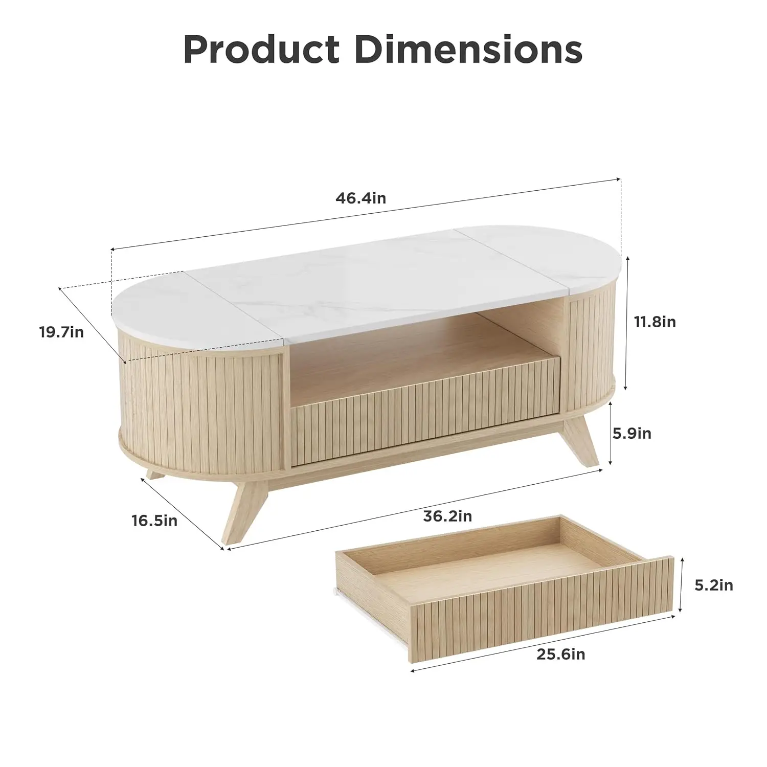 طاولة قهوة مع مساحة تخزين، طاولة مركزية حديثة لمنتصف القرن لغرفة المعيشة، طاولة قهوة بيضاوية مخفية مع مساحة تخزين مخفية،