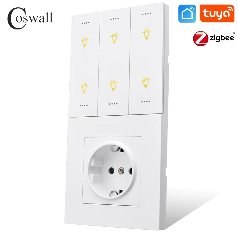 COSWALL White Vertical PC Panel Zigbee Tuya On / Off Smart Switch With Universal Normal Socket USB Charger TV RJ45 Module DIY