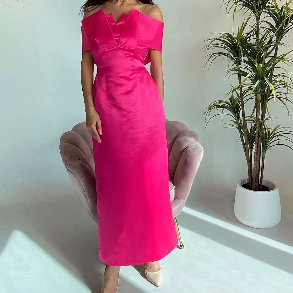 

Customized Satin Straight Off the Shoulder Evening Dress V-Neck Half Sleeves Floor Length Solid Color Fashion Prom Gowns