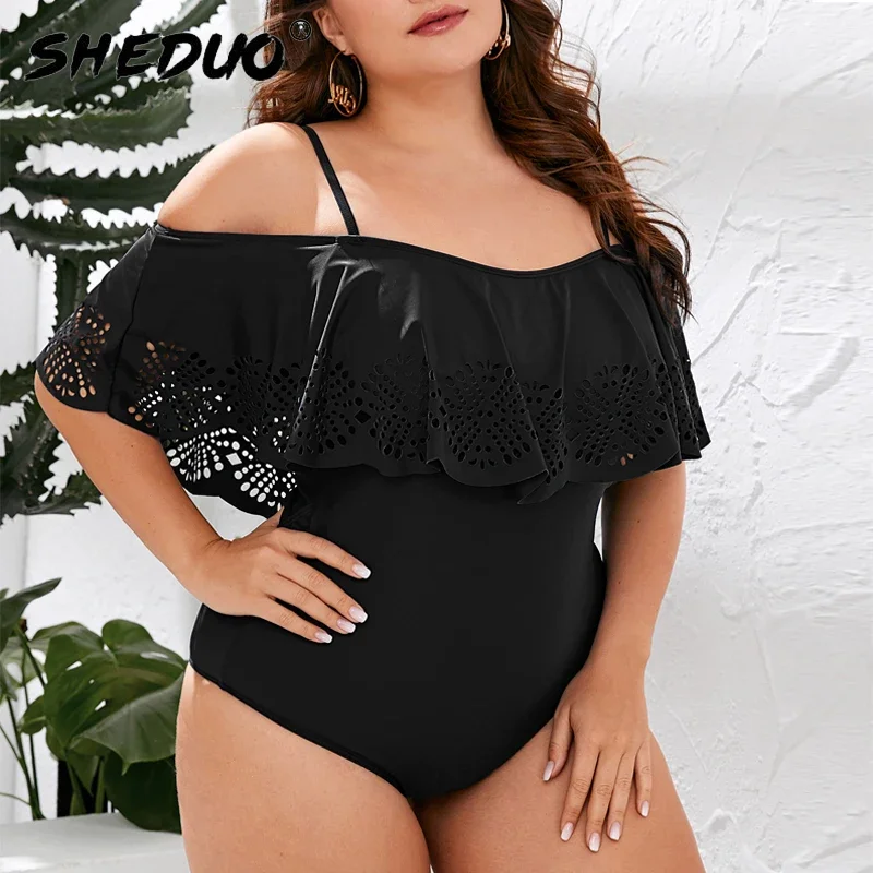 2021 New Sexy Off The Shoulder Solid Swimwear Women One Piece Swimsuit Female Bathing Suit Ruffle Monokini Swim Wear Push Up Set