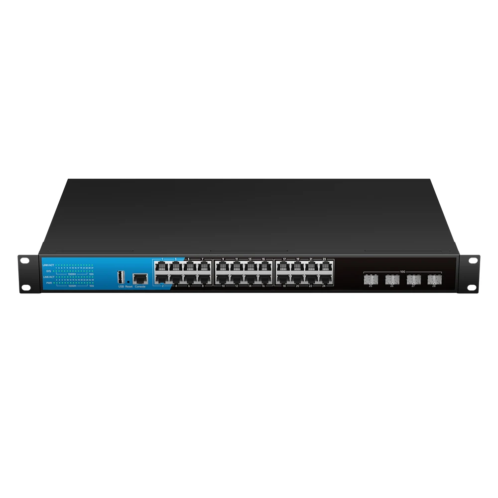 

Bullscom 28-Port L3 Managed Switch with 24x 1G RJ45 + 4×10G SFP+ | VLAN, QoS, Routing | Enterprise/Data Center